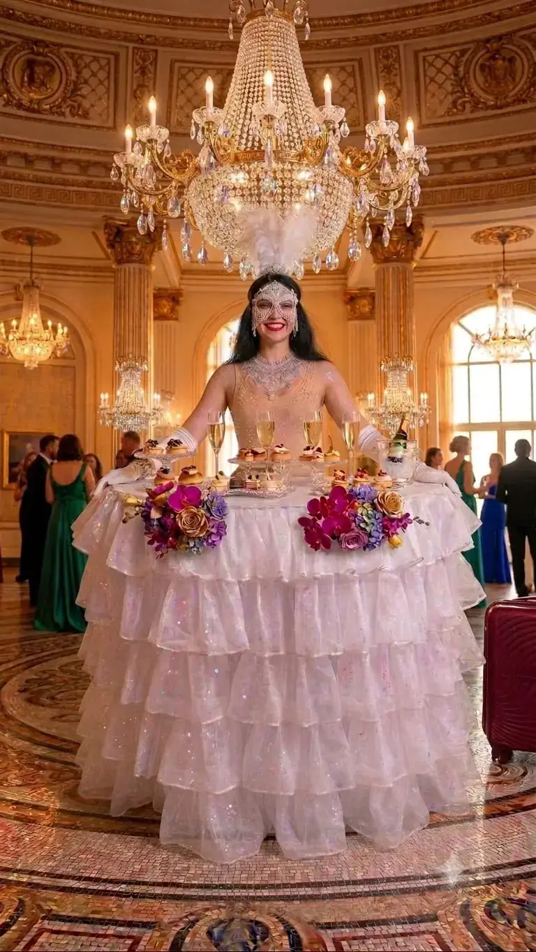 Strolling champagne table hostess serving guests